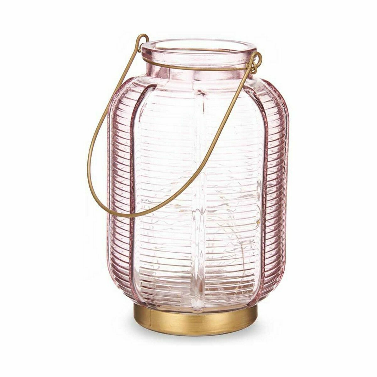 LED-lyhty pinkki lasi, kullatut raidat, 20 LED, paristo, 13,5×22×13,5cm, 6 kpl
