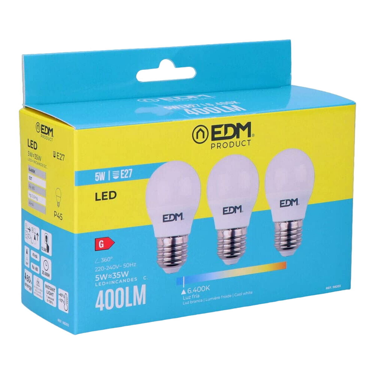 LED-polttimo E27 400 lm 6400 K kylmävalkoinen 3 kpl, Ø4,5×8 cm, 5W/35W/50W