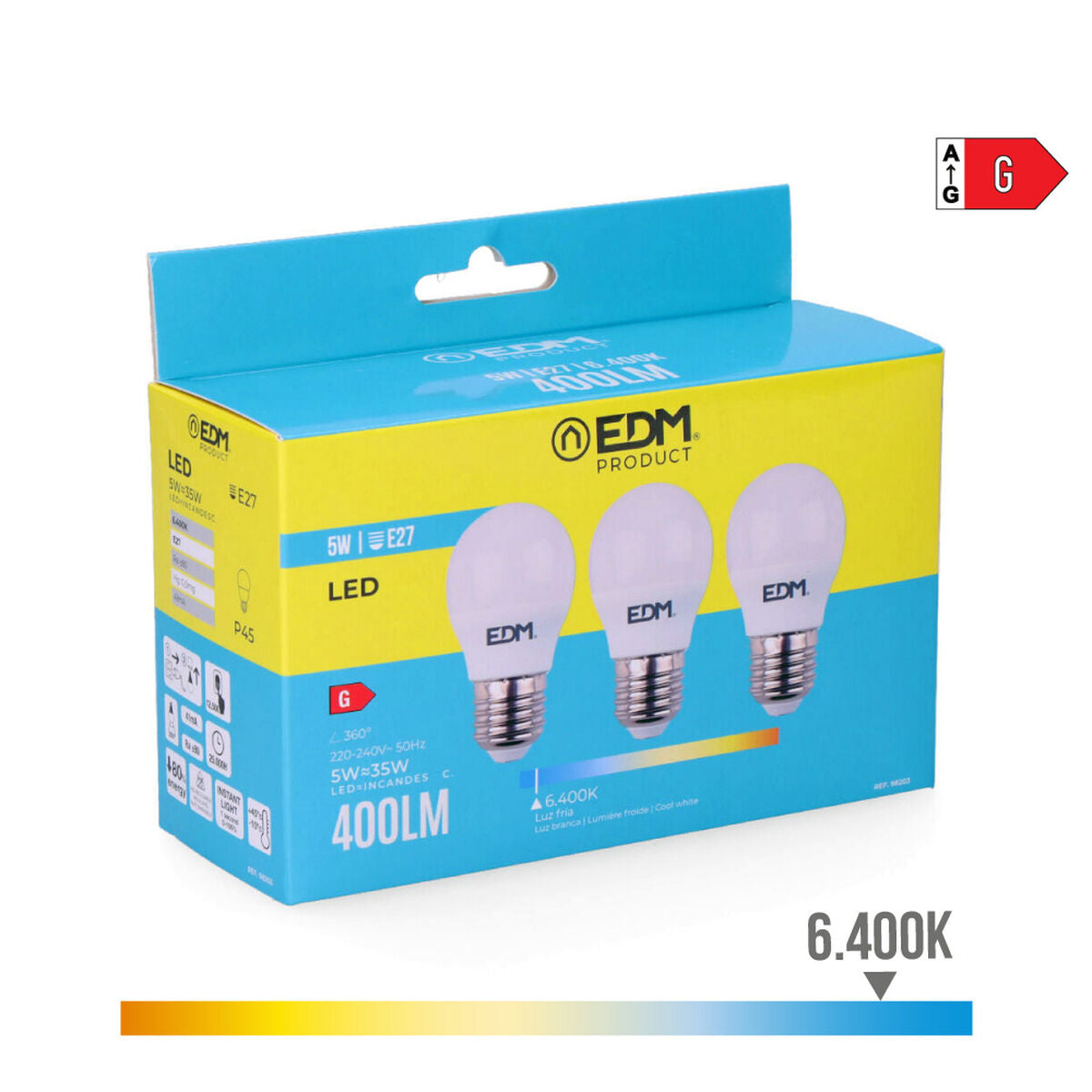 LED-polttimo E27 400 lm 6400 K kylmävalkoinen 3 kpl, Ø4,5×8 cm, 5W/35W/50W