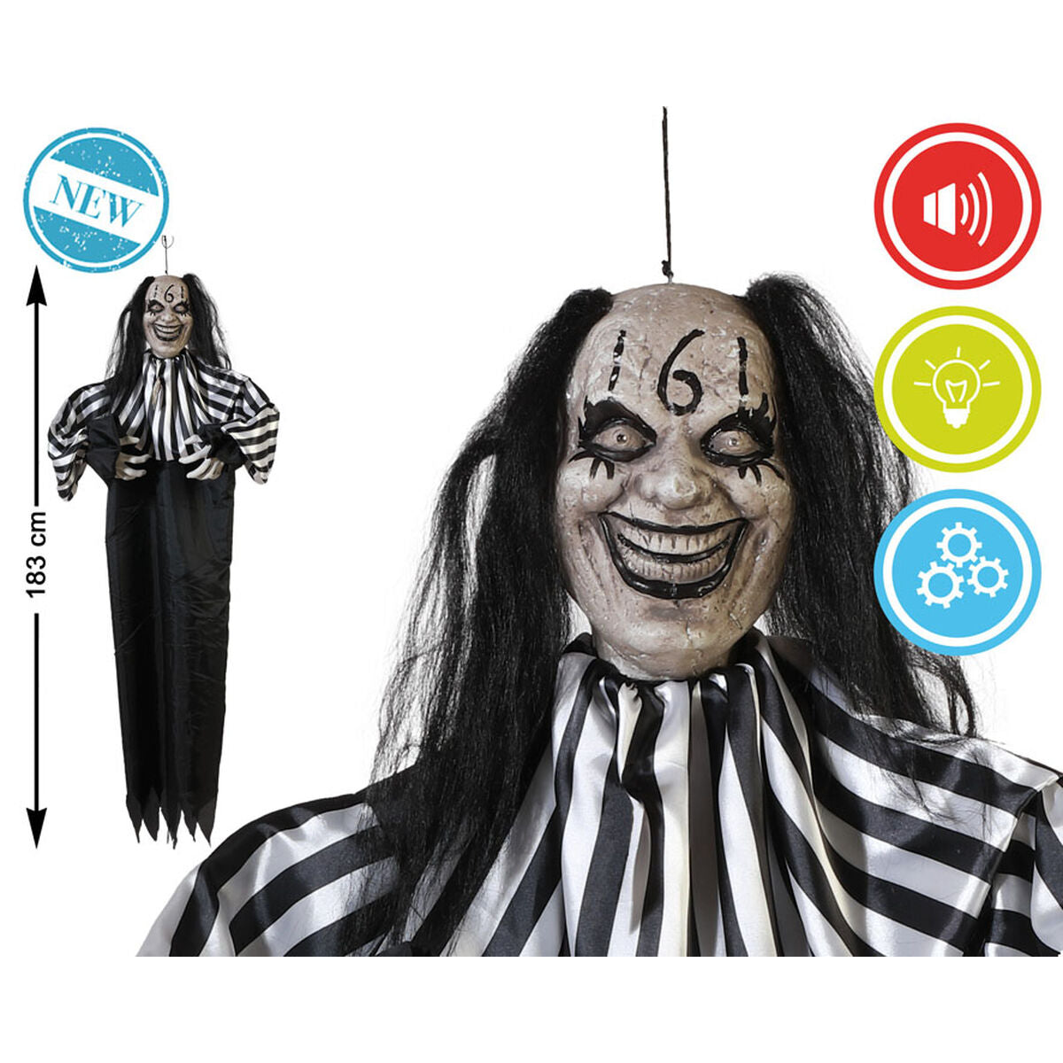 Halloween-koriste liikkuva 153 x 135 x 15 cm, ääni & valo, klovni, juhliin
