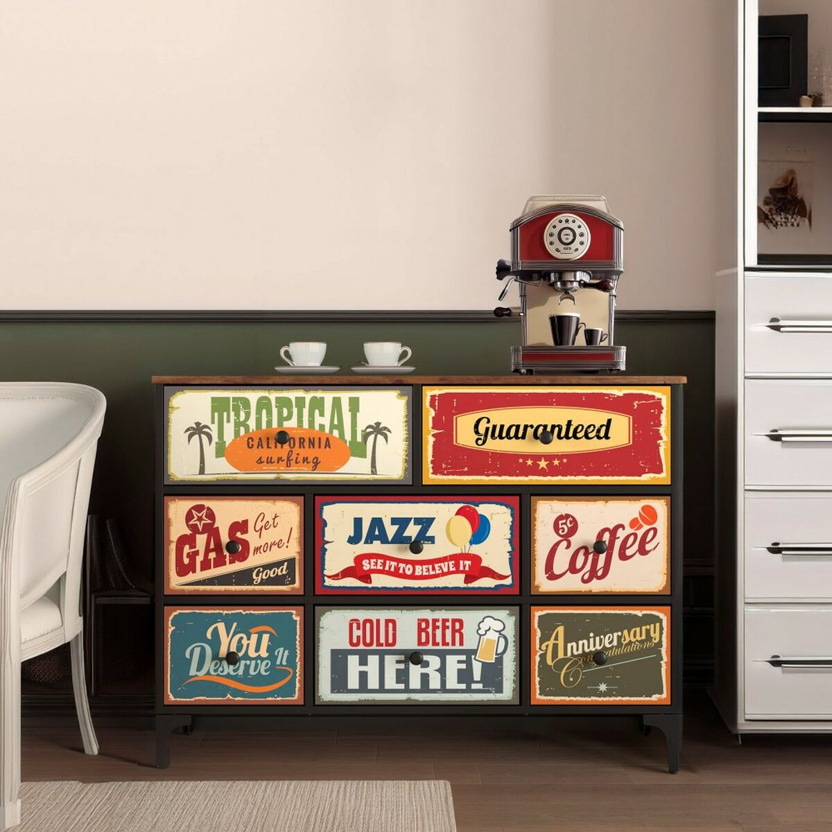 Lipasto 8 laatikkoa 103 x 77 x 30 cm, vintage ruskea, MDF-kansi, teräsrunko