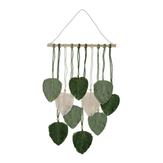Seinäkoriste vihreät makrame-lehdet 90 x 40 cm, boho, puu & puuvillasekoite