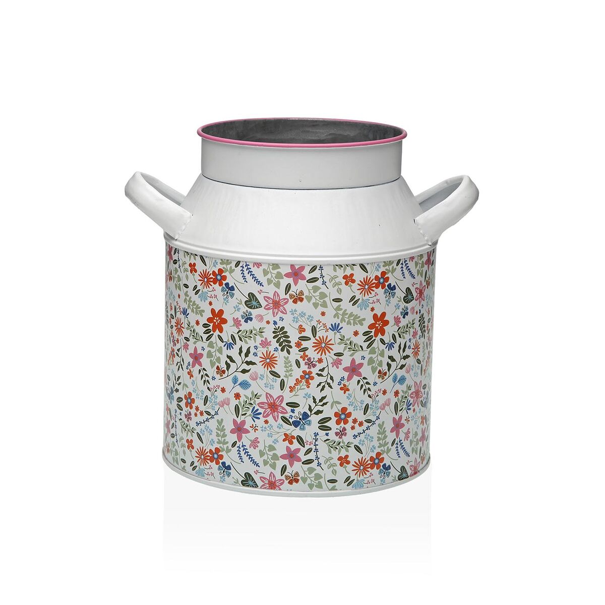 Metallimaljakko kukkakuviolla, pinkki - korroosionkestävä 13 x 15,5 x 21 cm