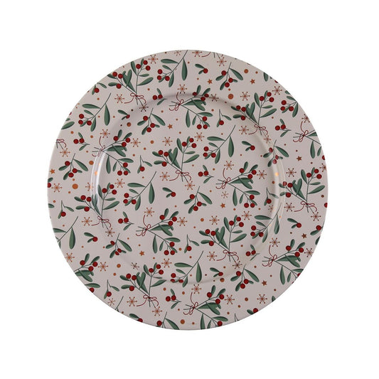 Aluslautanen metallinen 33 x 1,5 x 33 cm, marjakuosi beige, joulukattaus