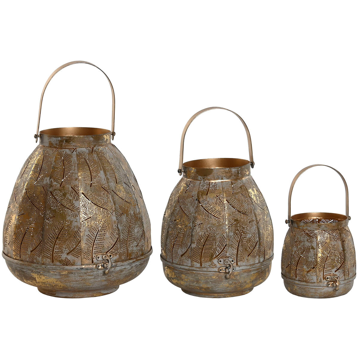 Metallinen lyhtysetti 3 kpl, kullattu arabeski-kuvio pöydälle 25 x 25 x 28 cm