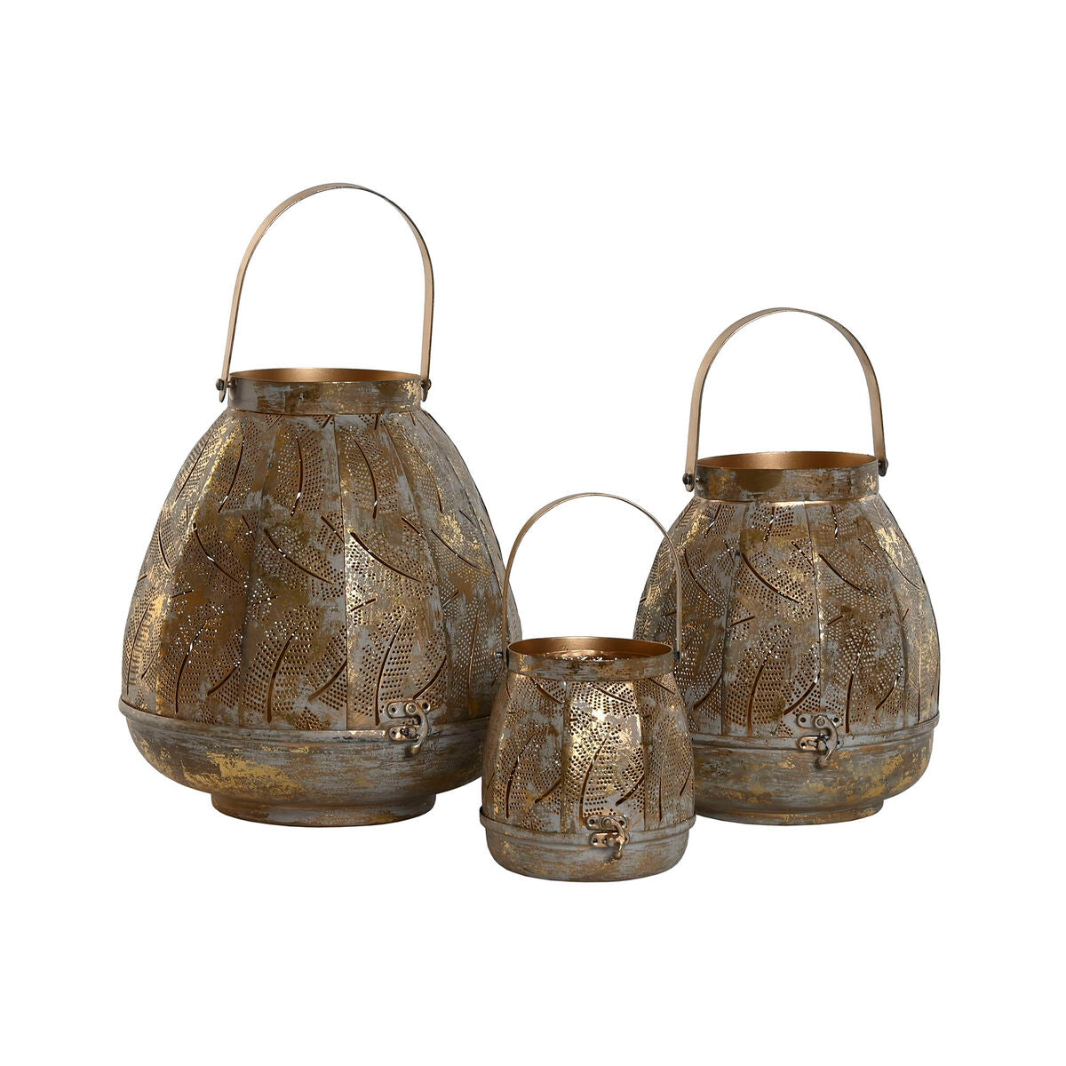 Metallinen lyhtysetti 3 kpl, kullattu arabeski-kuvio pöydälle 25 x 25 x 28 cm