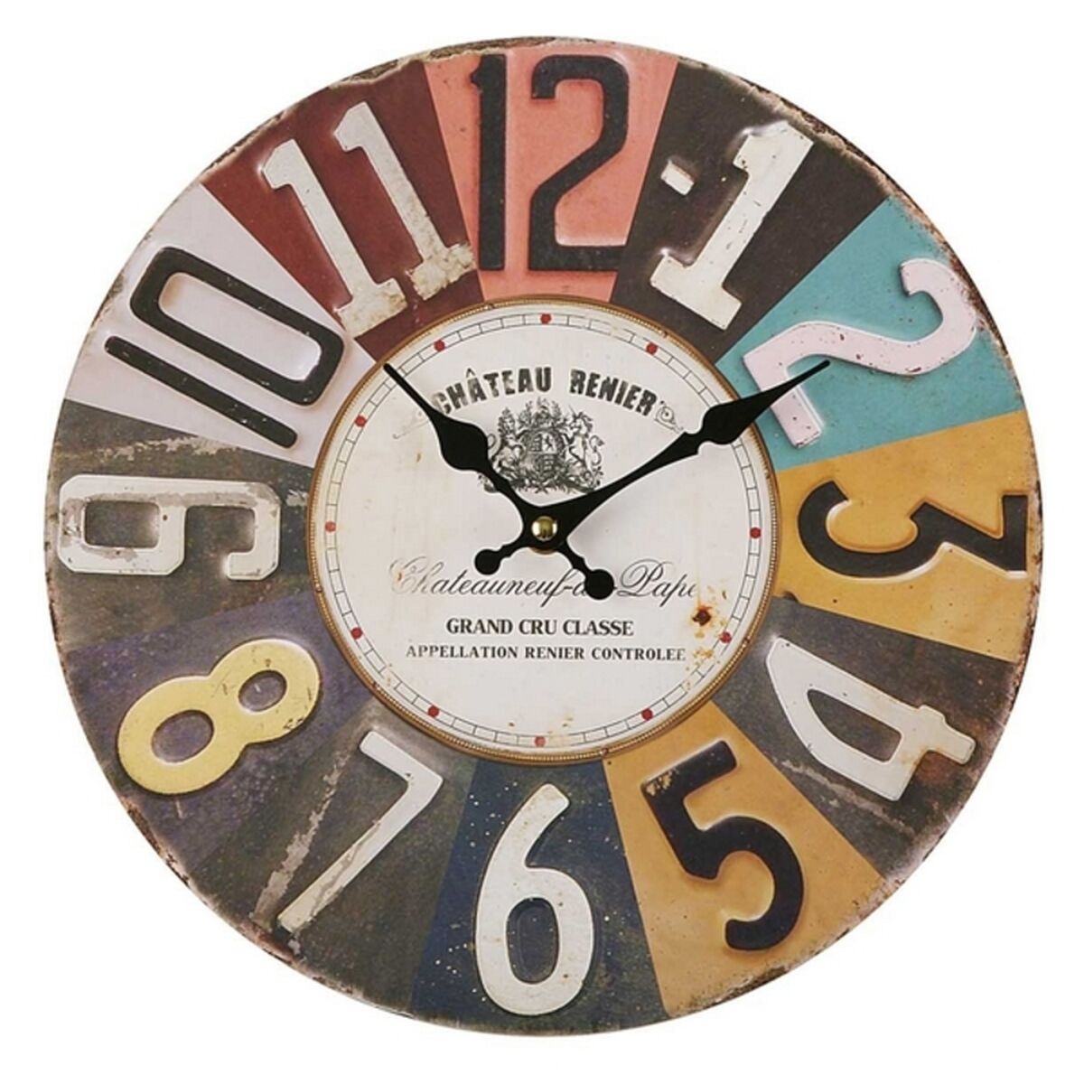 Seinäkello metalli 28 cm, pyöreä teollinen retro-värikäs numerotaulu vintage