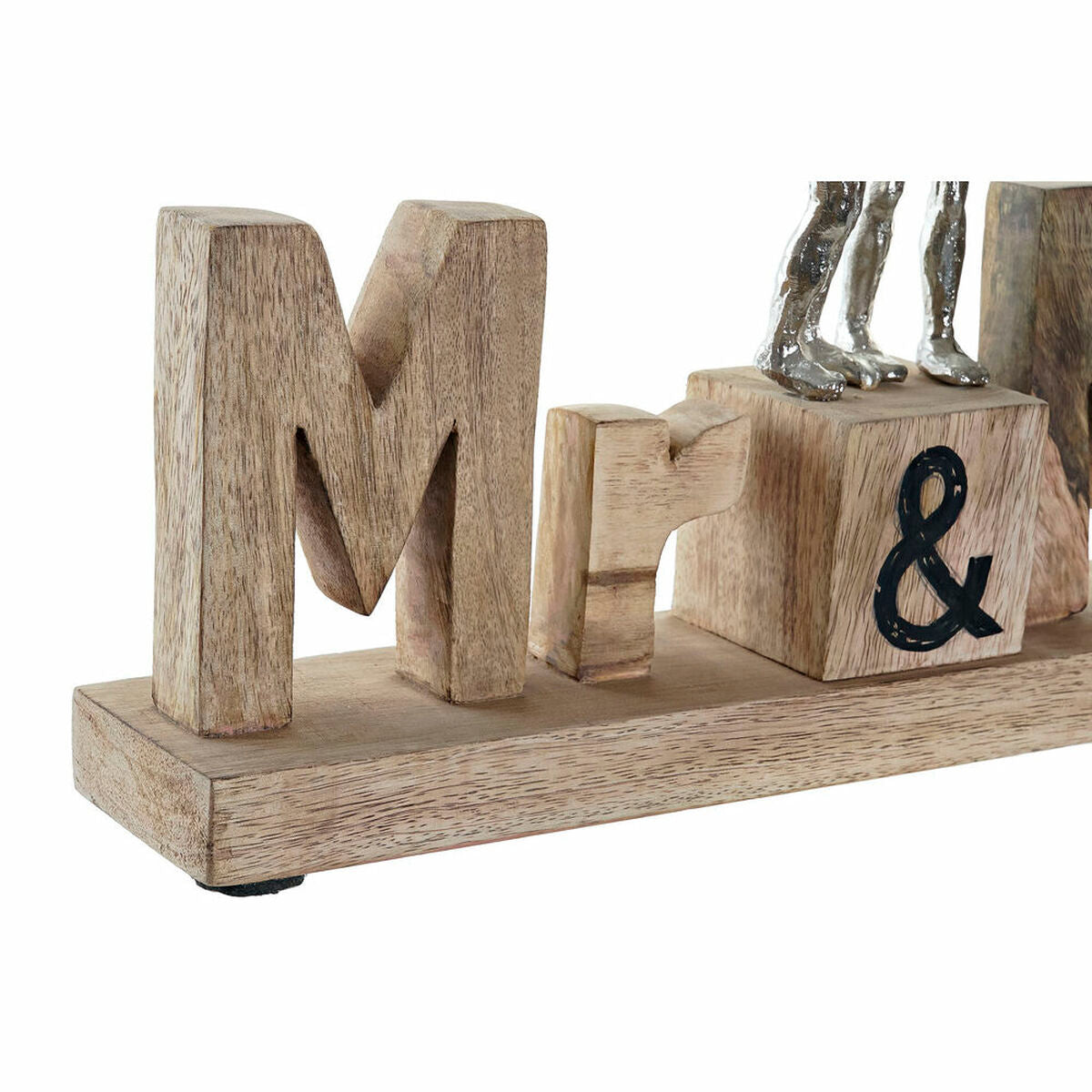 Mr & Mrs koristehahmo, hopeinen alumiini puualustalla - pöytäkoriste 51 x 7,5 x 28 cm