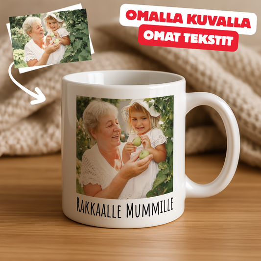 Personoitava valkoinen muki – Omalla kuvalla ja tekstillä (Mummille / Isoäidille täydellinen lahja)