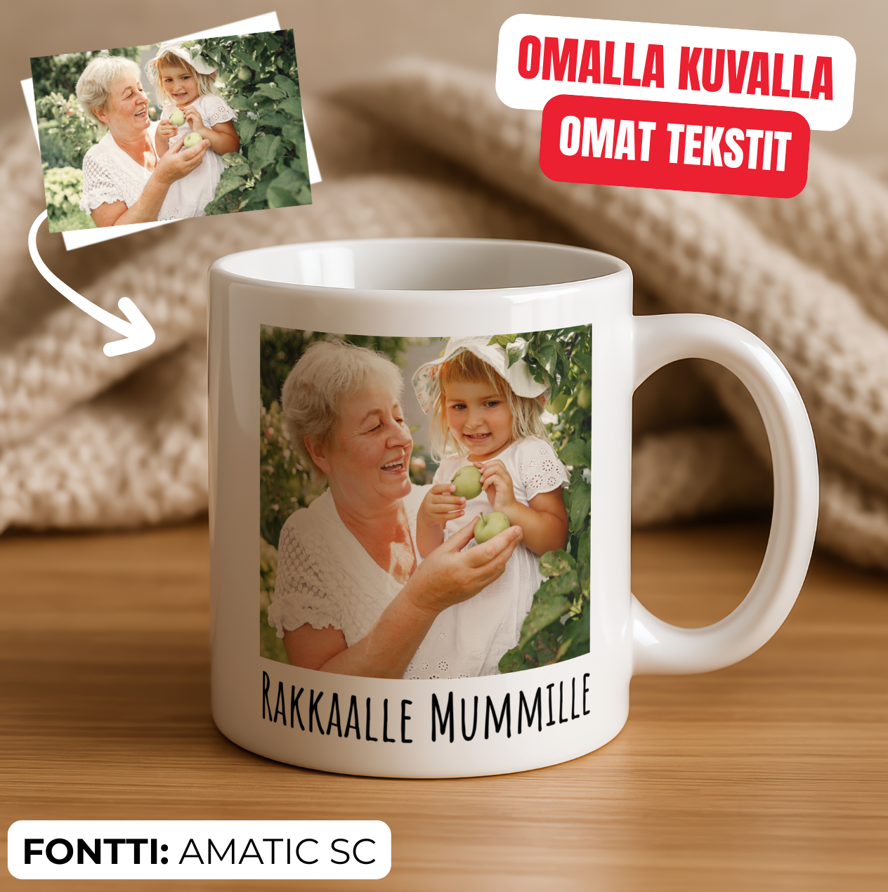Personoitava valkoinen muki – Omalla kuvalla ja tekstillä (Mummille / Isoäidille täydellinen lahja)