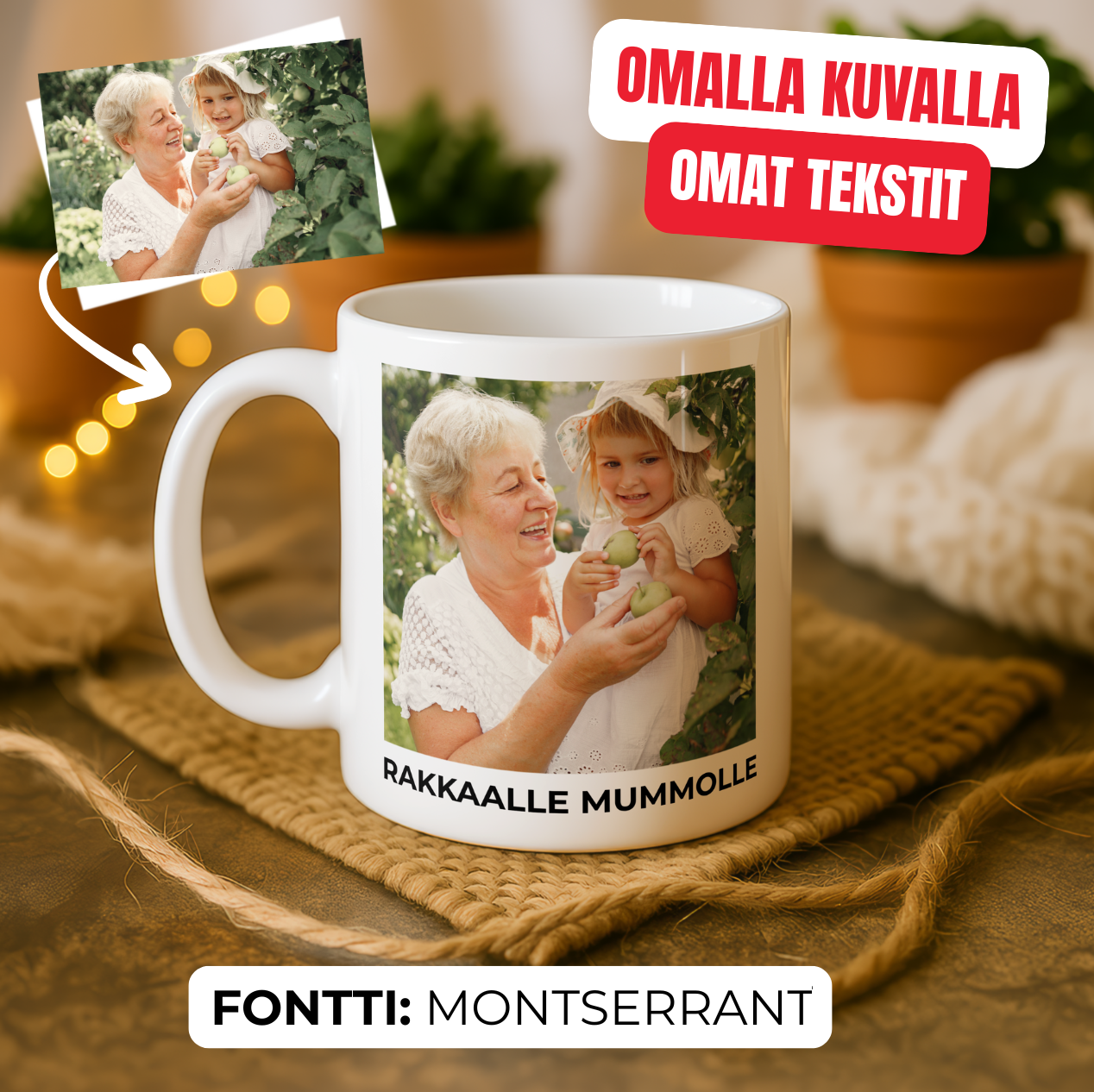 Personoitava valkoinen muki – Omalla kuvalla ja tekstillä (Mummille / Isoäidille täydellinen lahja)