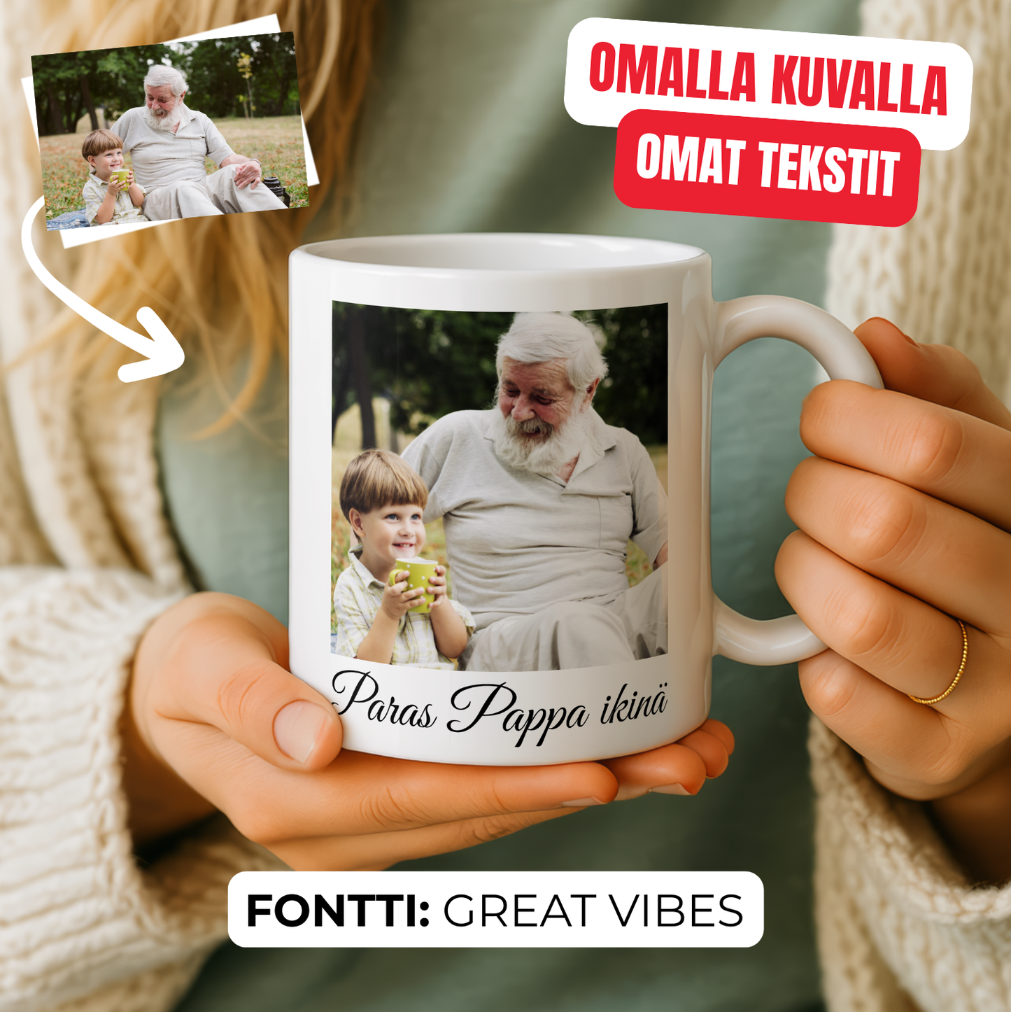 Personoitava valkoinen muki – Tee oma kuva ja teksti (Isoisälle / Ukille lahjaksi)