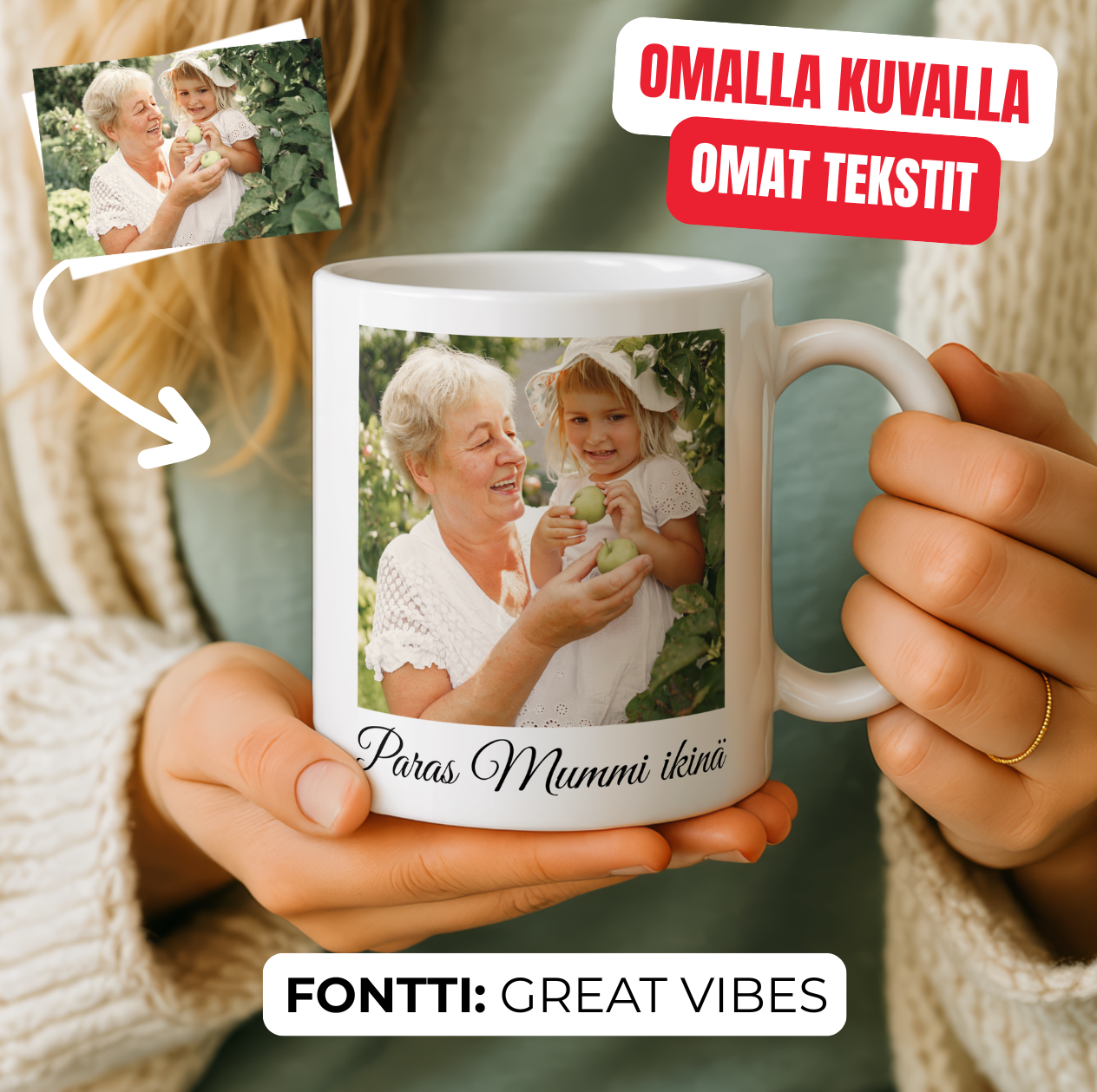 Personoitava valkoinen muki – Omalla kuvalla ja tekstillä (Mummille / Isoäidille täydellinen lahja)
