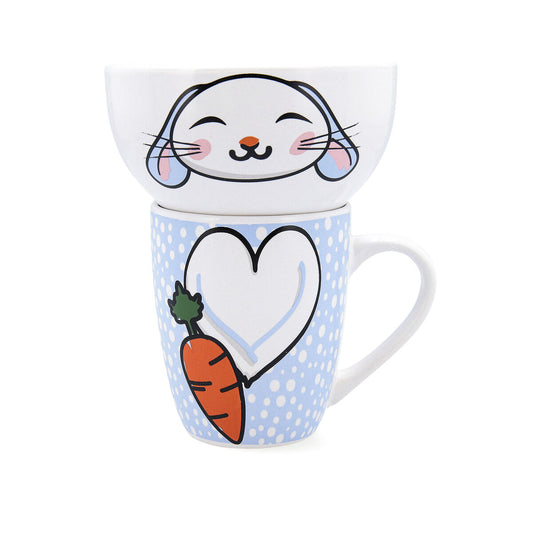 Mukisetti keramiikka monivärinen kani-kuvio - muki 330 ml & kulho 510 ml
