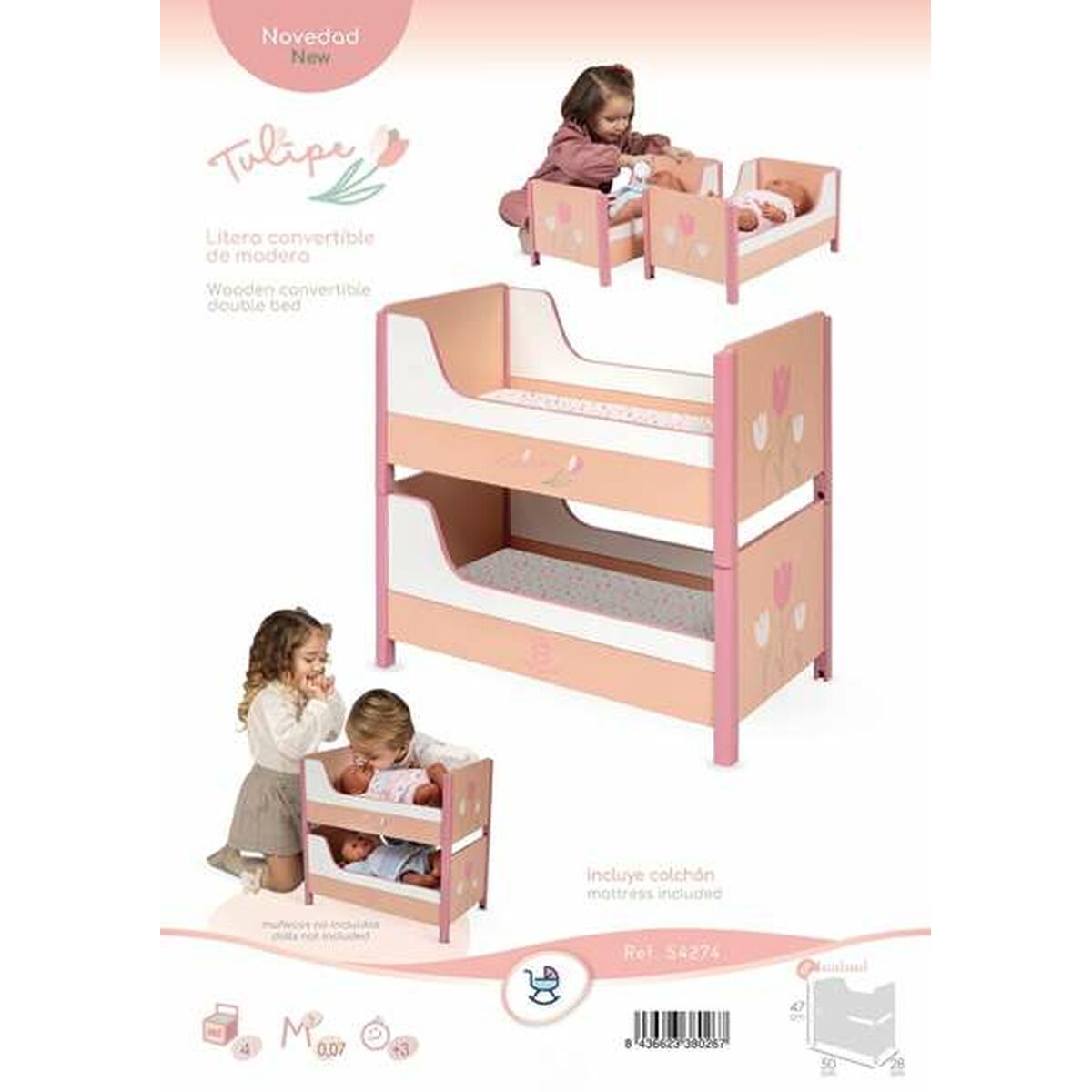 Nuken kerrossänky puinen 2-tasoinen, ruskea & vaaleanpunainen tulppaanikuvio