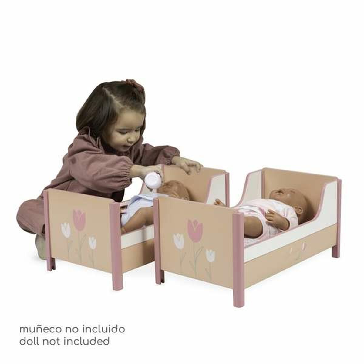 Nuken kerrossänky puinen 2-tasoinen, ruskea & vaaleanpunainen tulppaanikuvio