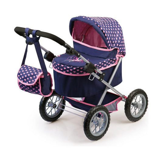 Nuken vaunut 45 cm, sininen & pinkki sydänkuvio, hoitolaukku, koottava, 3+ v