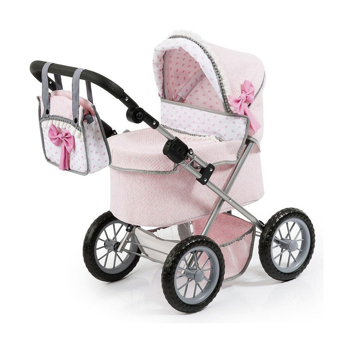 Nuken vaunut 45 cm, vaaleanpunainen rusetti, sis. hoitolaukku – lapsille 3+