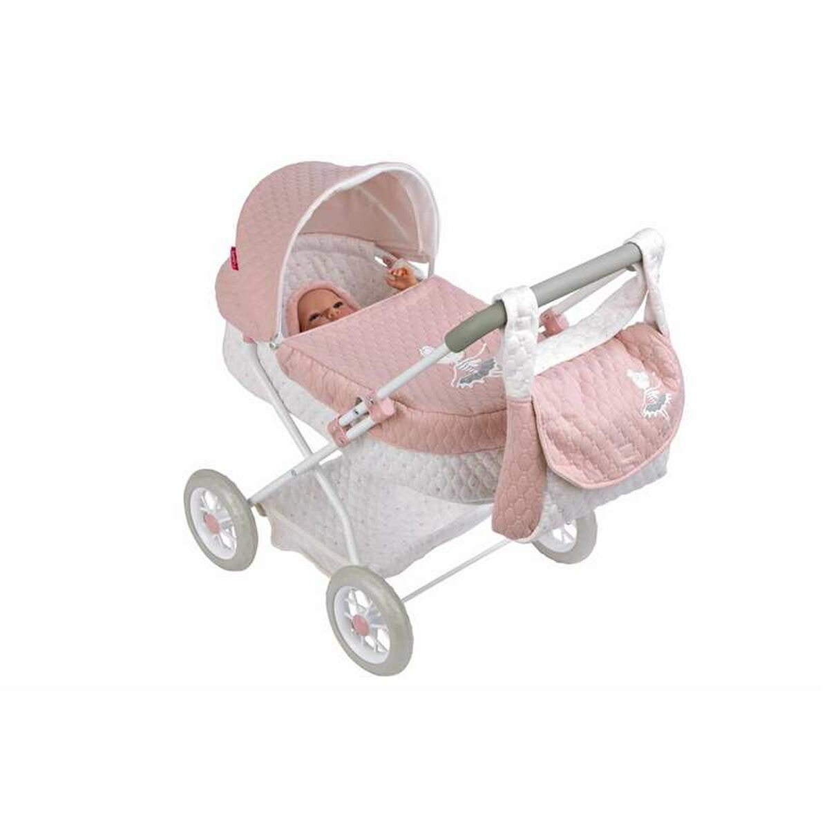 Nuken vaunut nukelle 55 cm, kantokassilla & korilla, vaaleanpunainen, tikattu