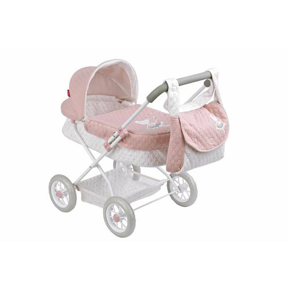 Nuken vaunut nukelle 55 cm, kantokassilla & korilla, vaaleanpunainen, tikattu