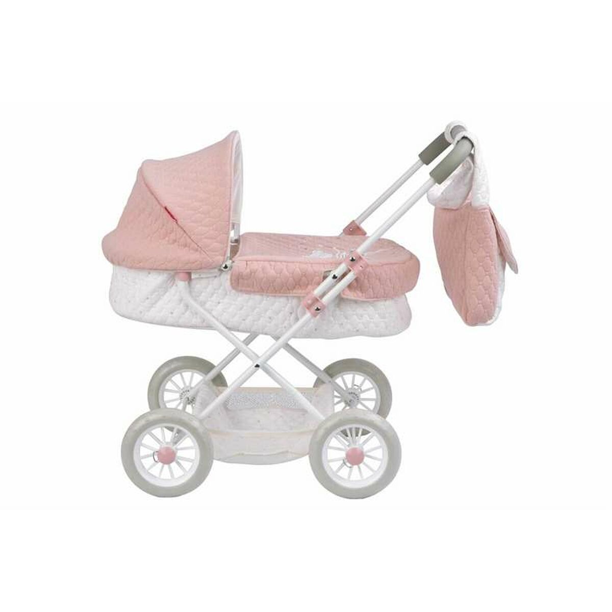 Nuken vaunut nukelle 55 cm, kantokassilla & korilla, vaaleanpunainen, tikattu