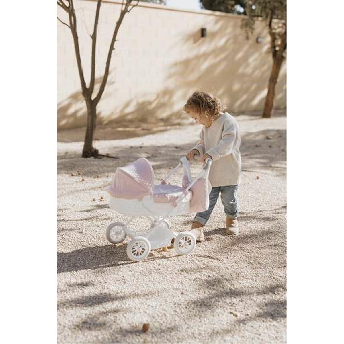 Nuken vaunut nukelle 55 cm, kantokassilla & korilla, vaaleanpunainen, tikattu