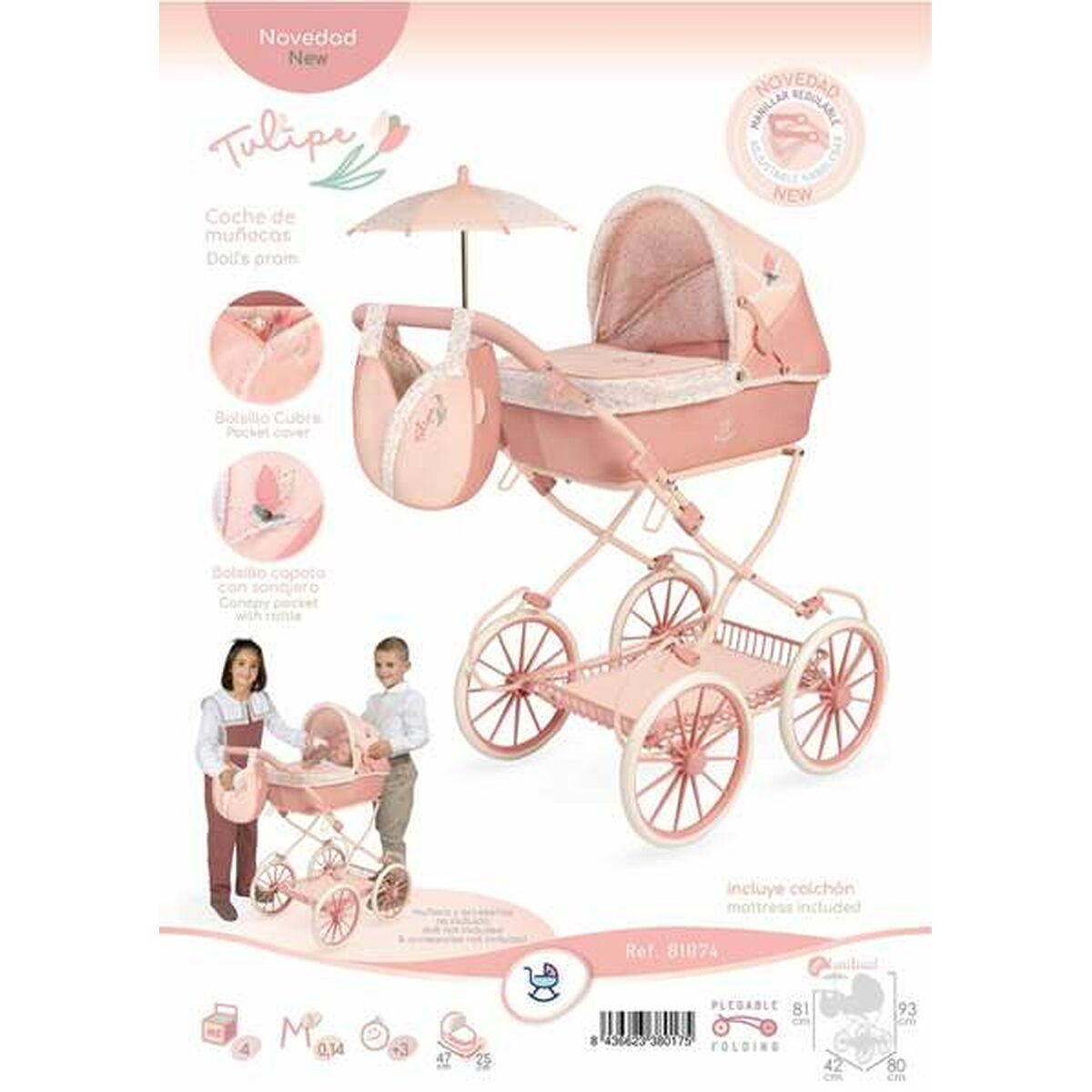 Nuken vaunut taitettava klassinen roosa/beige aurinkovarjolla, lapsille 3+