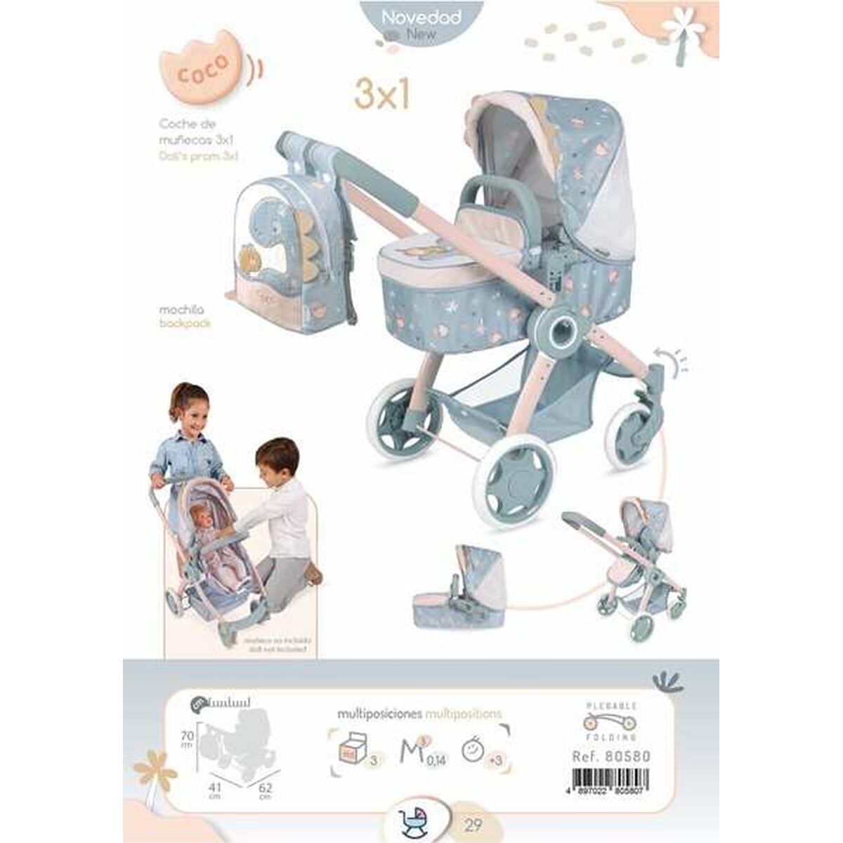 Nukenvaunut taitettava 3-in-1, 41 x 62 x 70 cm, 3+ v, sis. tarvikkeet
