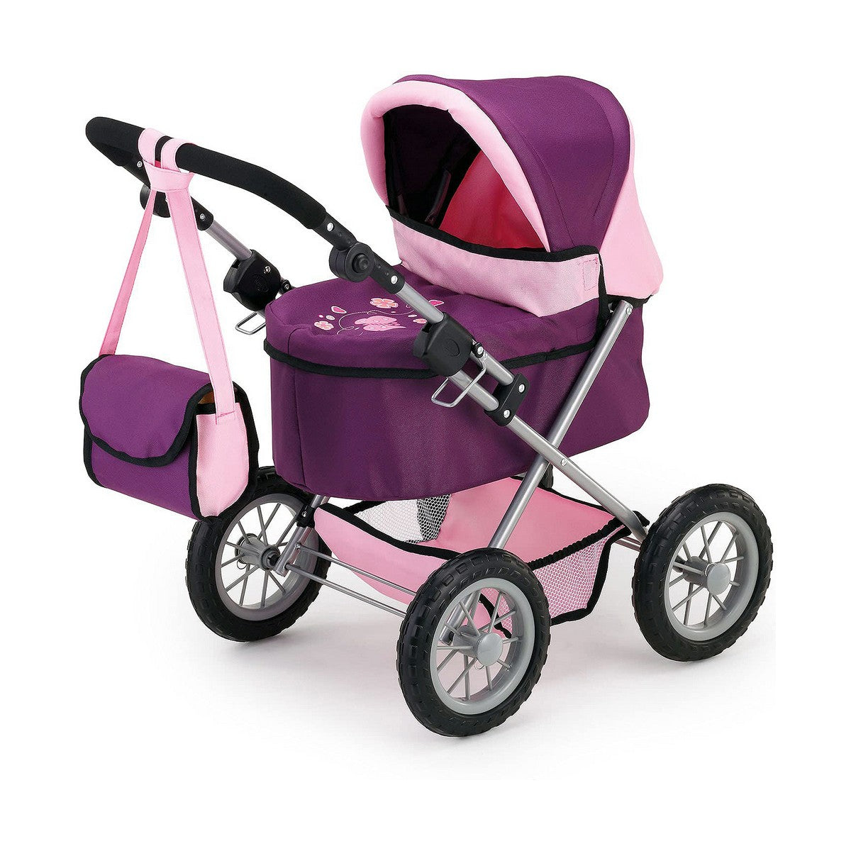 Nukenvaunut 45 cm, purppura, koottava vaunu hoitolaukulla lapsille leikkeihin