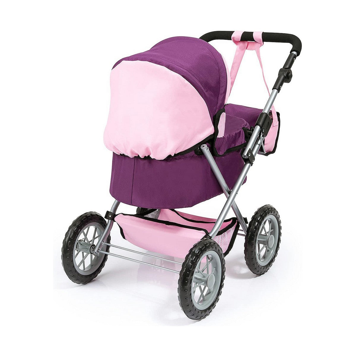 Nukenvaunut 45 cm, purppura, koottava vaunu hoitolaukulla lapsille leikkeihin