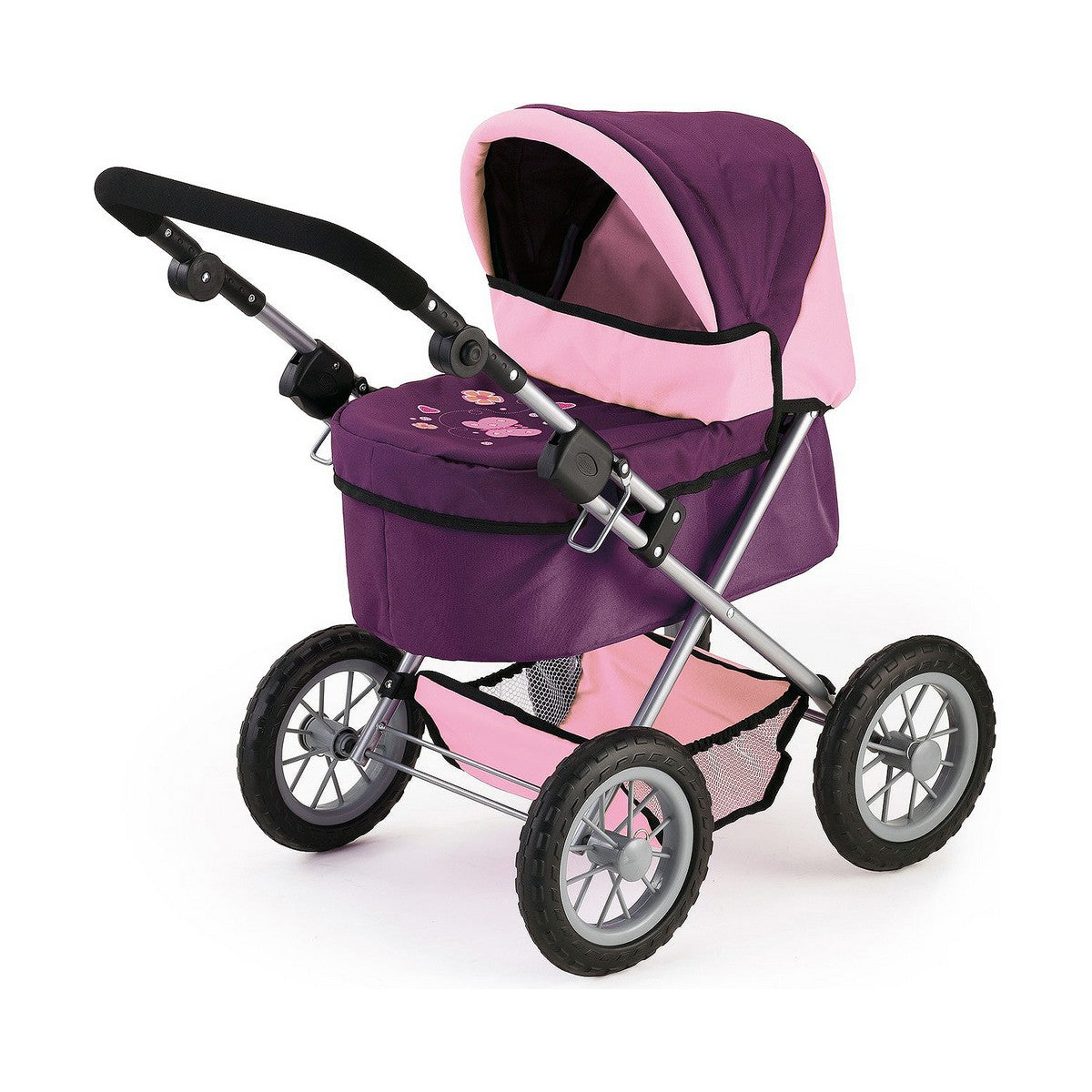 Nukenvaunut 45 cm, purppura, koottava vaunu hoitolaukulla lapsille leikkeihin
