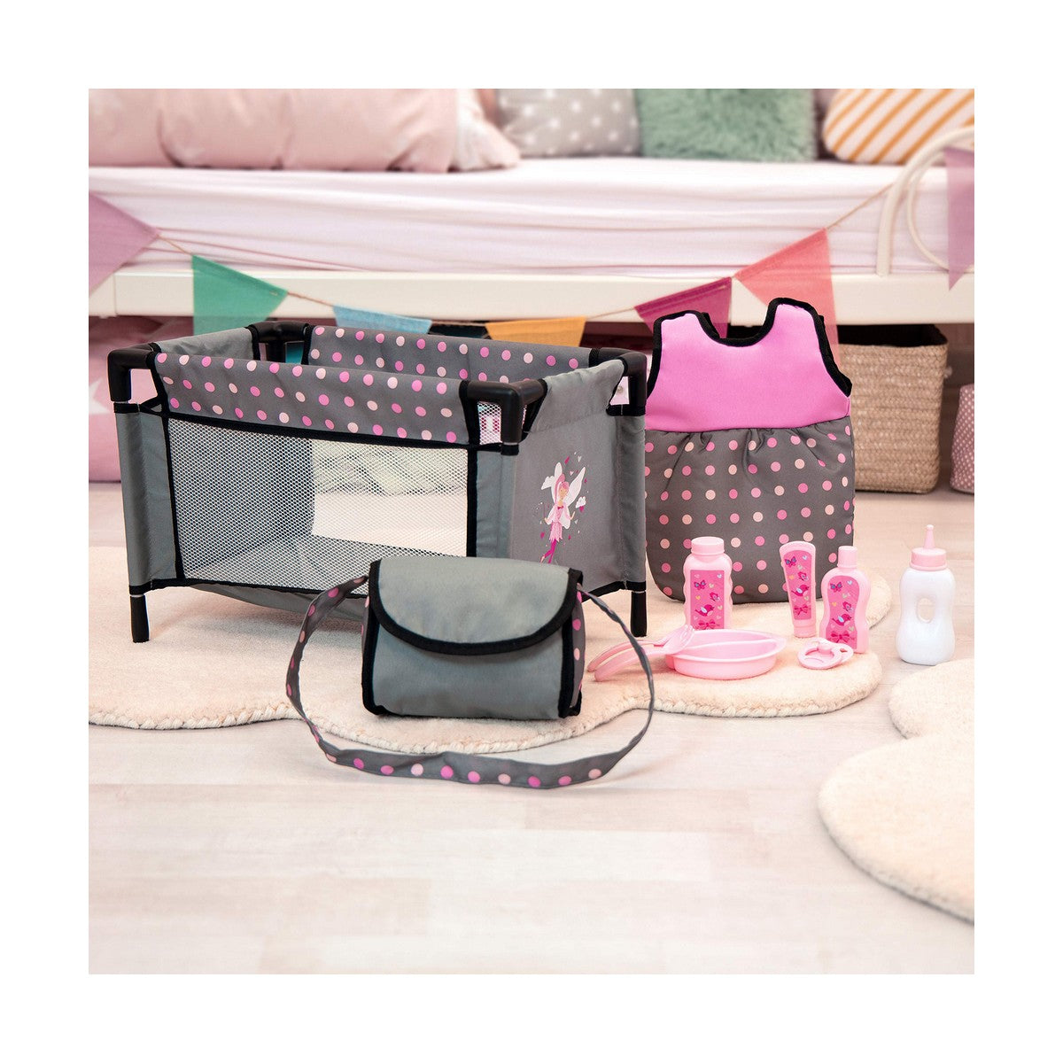 Nuketarvikkeet 11 osaa harmaa & pinkki - kehto, pullo, tutti & vaatteet 3+