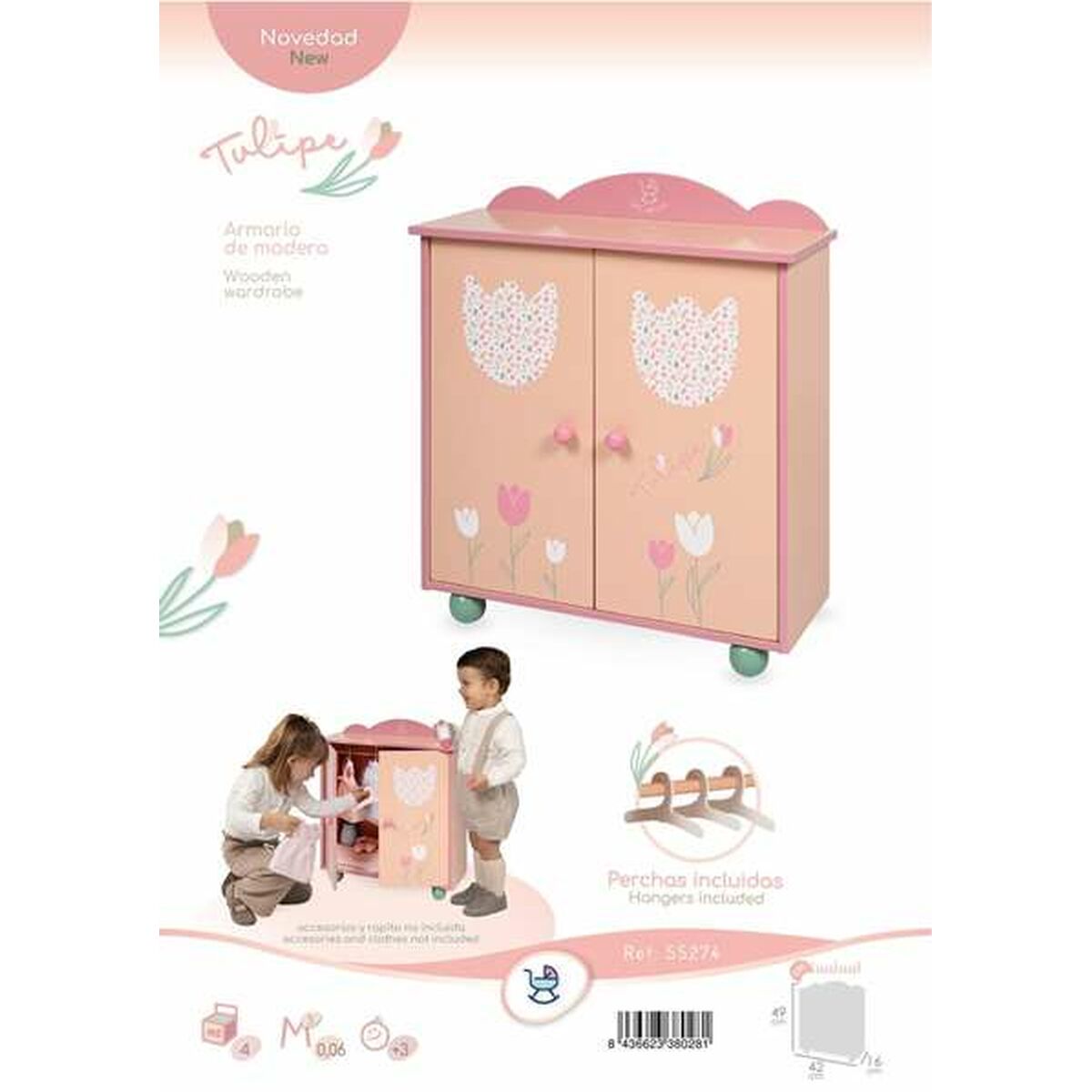 Nukkekaappi puinen, beige-roosa kukkakuosilla, kaappi nukeille, lapsille 3+