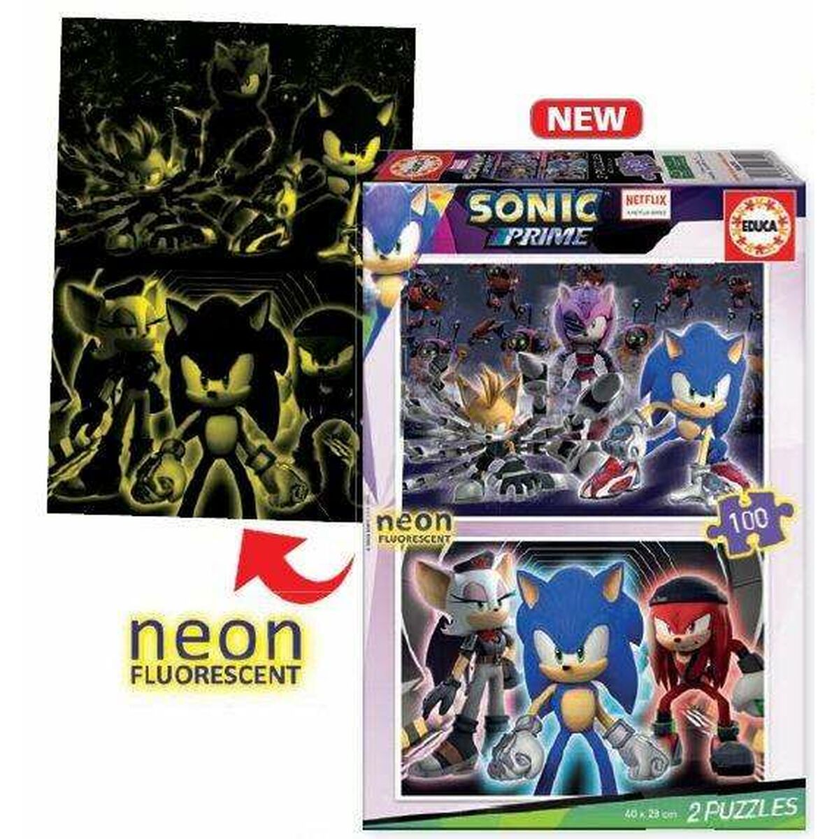 Palapeli 100 palaa neon - 2 palapelin setti Sonic, lapsille 6+ 40x29 cm Educa