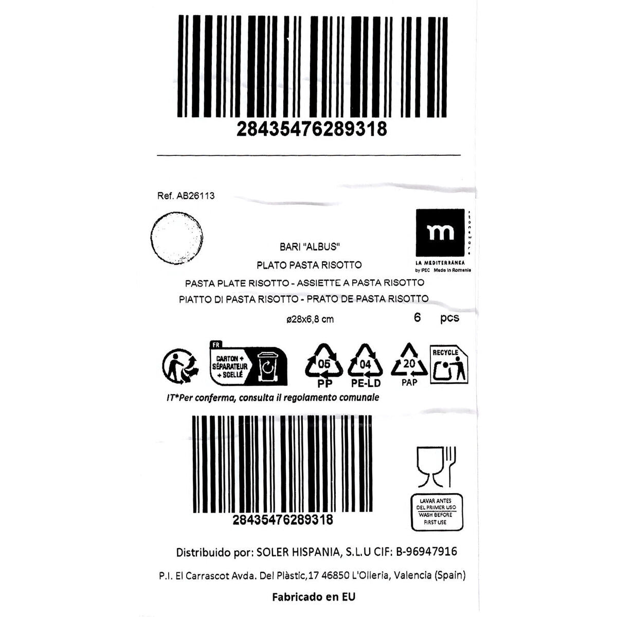 Pastalautanen 28 cm, 6 kpl - syvä valkoinen lautanen rustiikkireunuksella