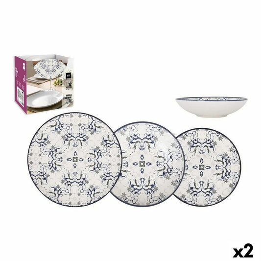 Posliini astiasetti 12 osaa, 2 kpl pakkaus - sinivalkoinen kuvio Ø26/21/20 cm