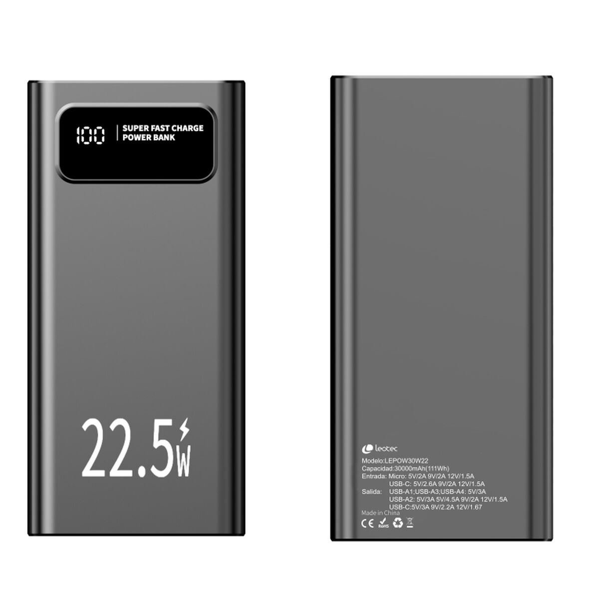 Powerbank 30000 mAh 22,5 W nopea USB-C lataus, LCD-näyttö musta älypuhelimille