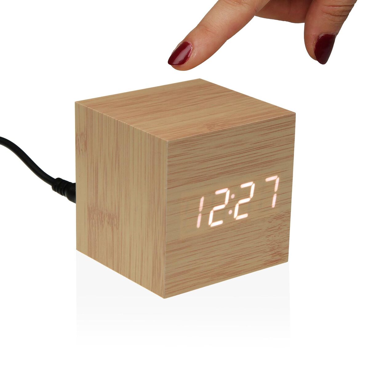 Puinen herätyskello MDF kuutio, minimalistinen LED-pöytäkello 6,4 x 6,3 x 6,4 cm