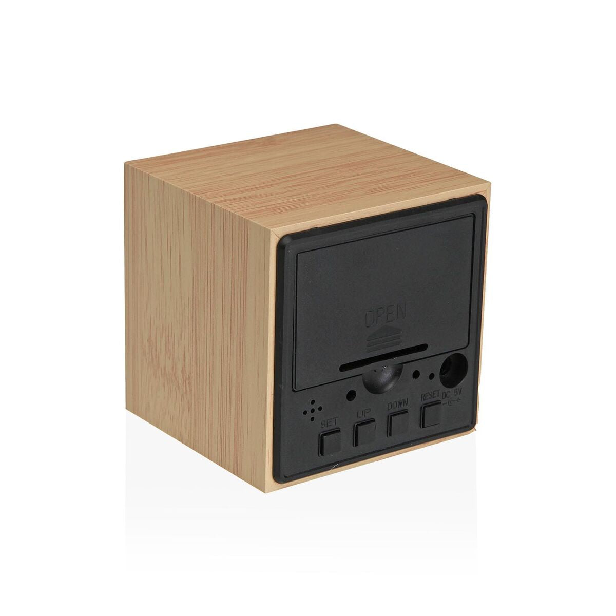 Puinen herätyskello MDF kuutio, minimalistinen LED-pöytäkello 6,4 x 6,3 x 6,4 cm