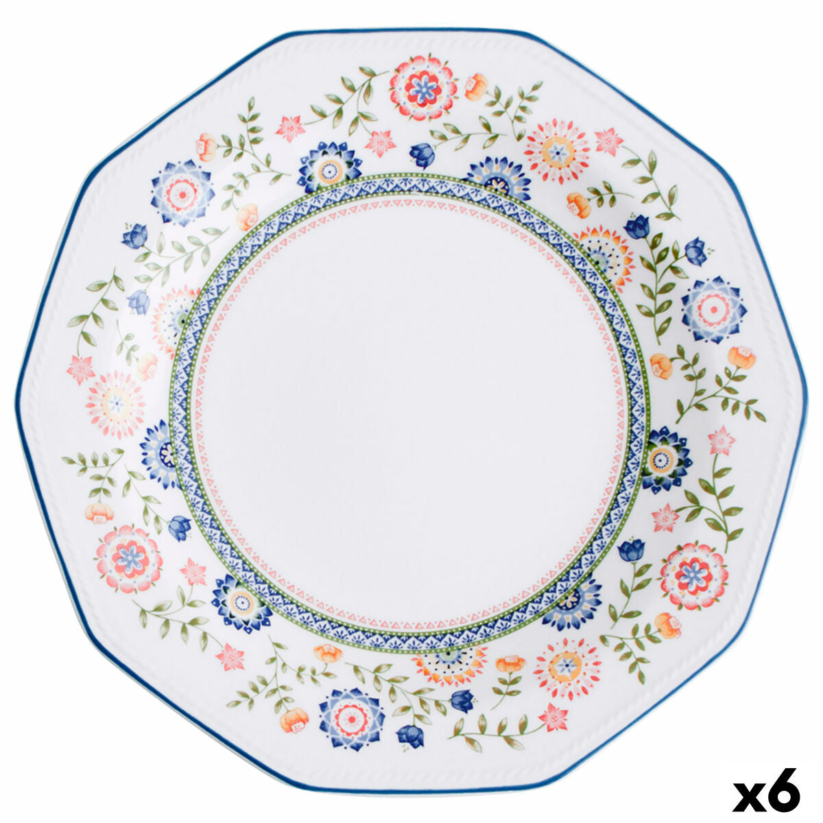 Ruokailulautanen 27 cm keramiikka, kukkakuvio, kulmikas, pinottava 6 kpl