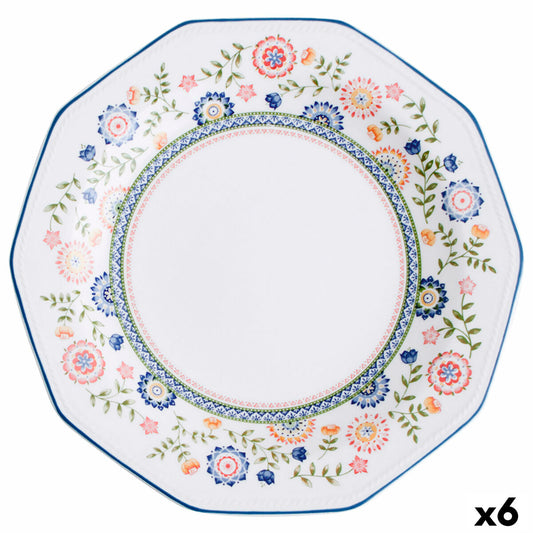 Ruokailulautanen 27 cm keramiikka, kukkakuvio, kulmikas, pinottava 6 kpl