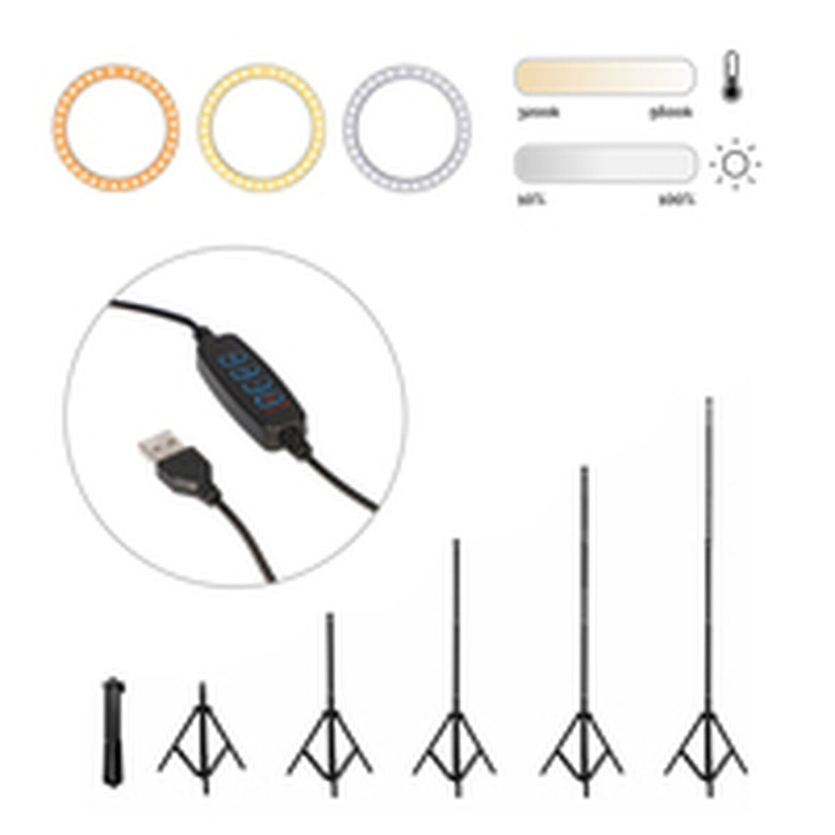 Selfie-rengasvalo 10W, säädettävä jalusta 160 cm & puhelinteline, musta