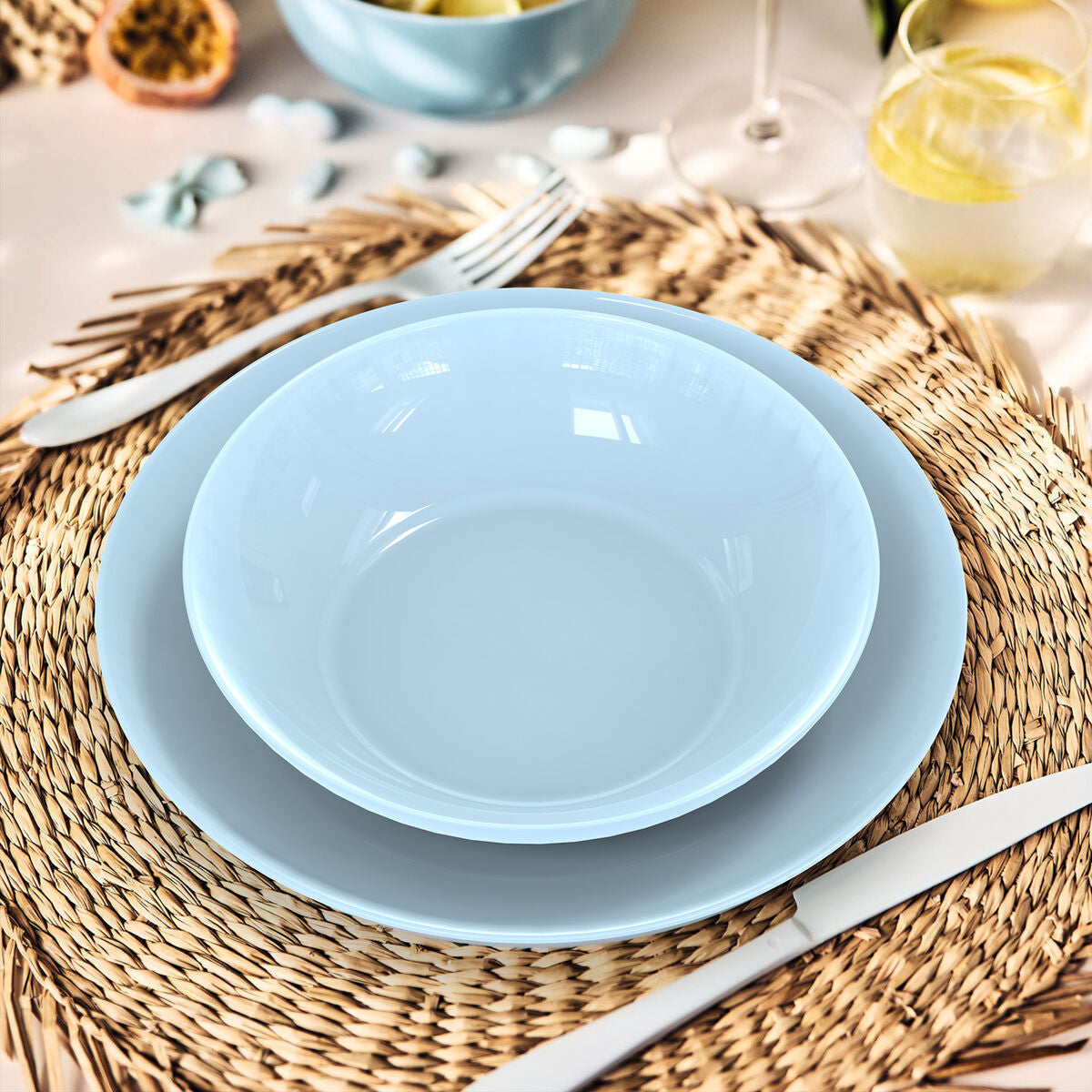 Lautanen 25 cm lasi, sininen - pinottava & mikroaaltouuniin, 24 kpl