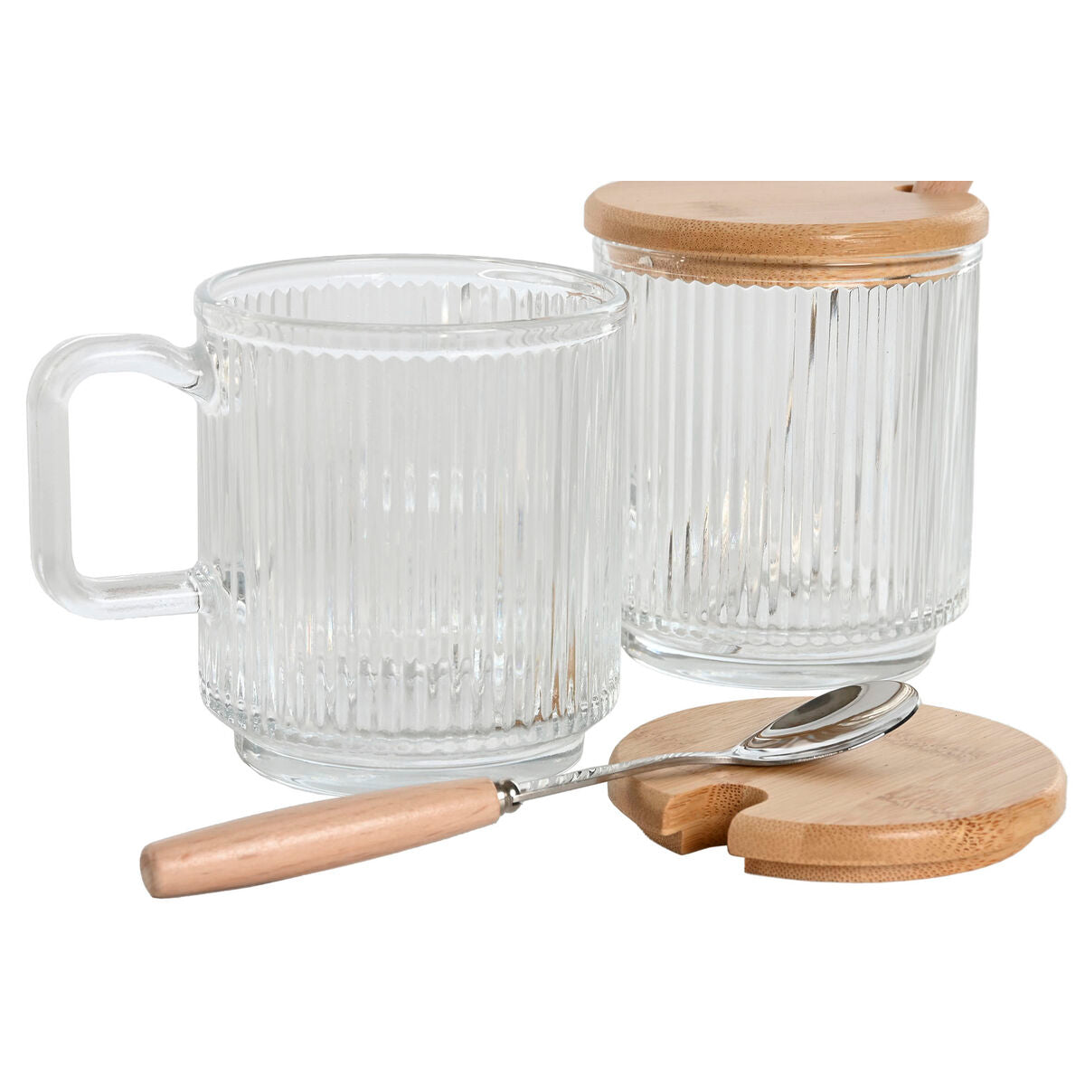 Sokeriastia 350 ml, bambukansi & lusikka, läpinäkyvä kristalli, 11,7×8,7×14 cm, 2 kpl