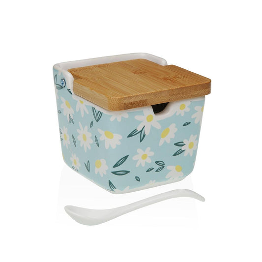 Sokeriastia kannellinen, keramiikka 8,8 x 8,5 x 8,8 cm, lusikalla - daisy-kuvio