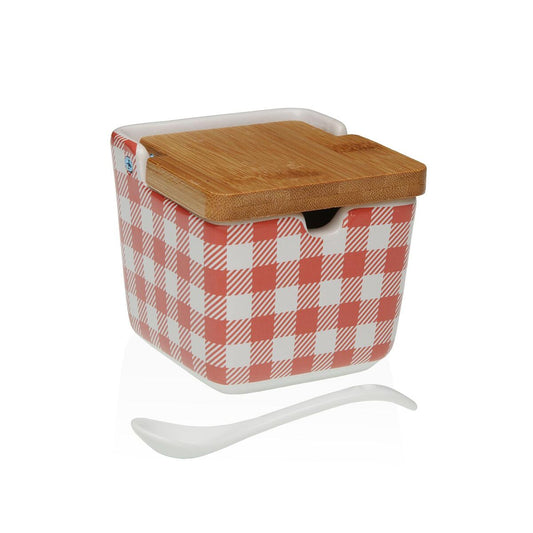Sokeriastia, keraaminen 8,8 x 8,5 x 8,8 cm, vichy-ruutu, kansi & lusikka