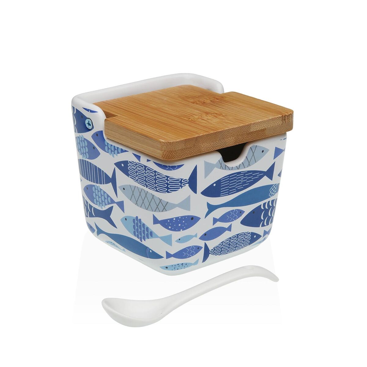 Sokeriastia keramiikka, bambukansi, 8,8x8,5x8,8 cm – kala-kuosi, pieni keittiöön