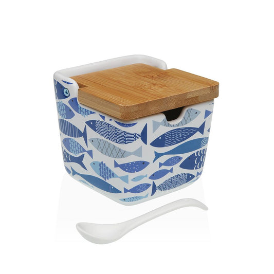 Sokeriastia keramiikka, bambukansi, 8,8x8,5x8,8 cm – kala-kuosi, pieni keittiöön