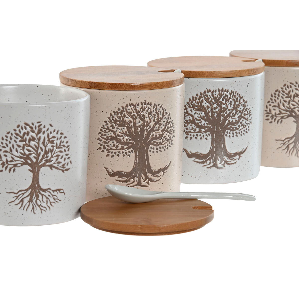 Sokeriastiasarja 4 kpl, keramiikka bambukannella 9,5 cm, elämänpuu, valk/beige