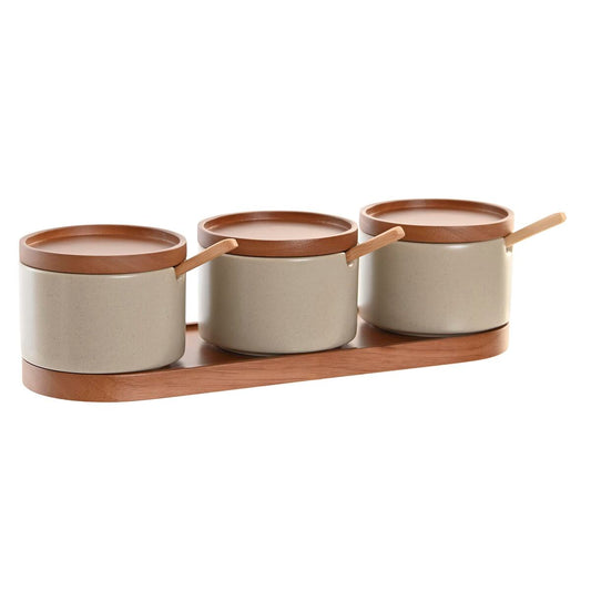 Sokeriastiasetti 3-osainen, posliini & kumipuu, ruskea beige 29 x 10 x 7 cm